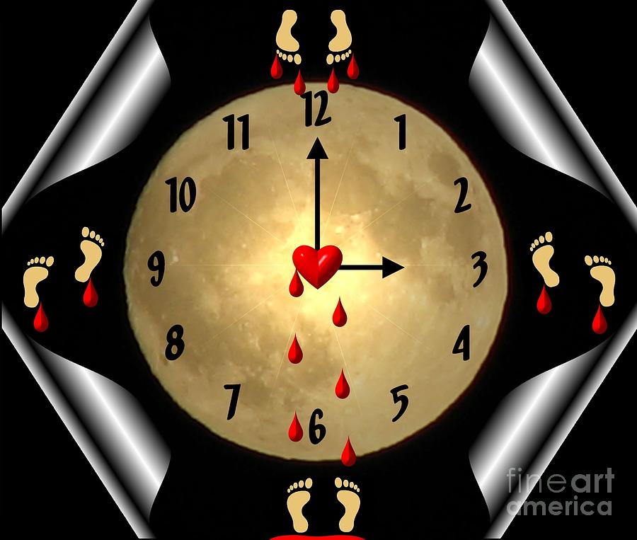Clock Photograph - 3PM Divine Mercy Hour with Footprints and Full Moon by Rose Santuci-Sofranko