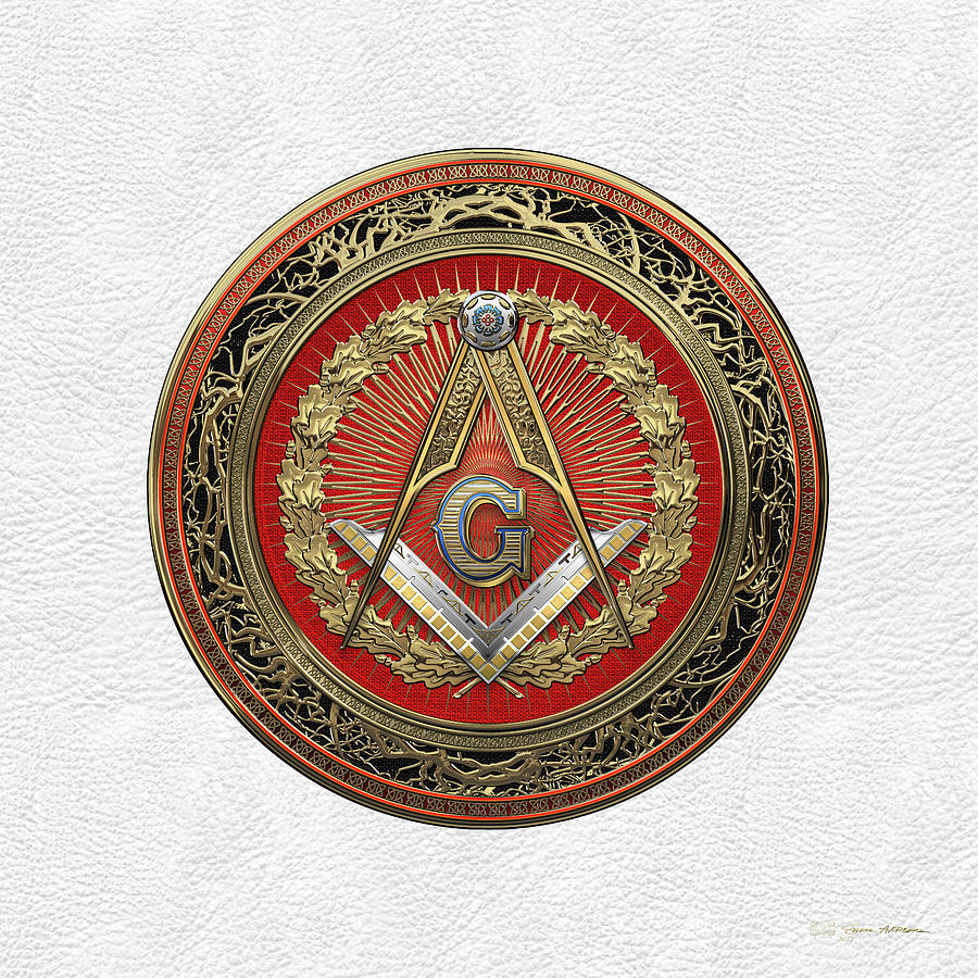 3rd Degree Mason Gold Jewel - Master Mason Square and Compasses over White Leather Digital Art by Serge Averbukh