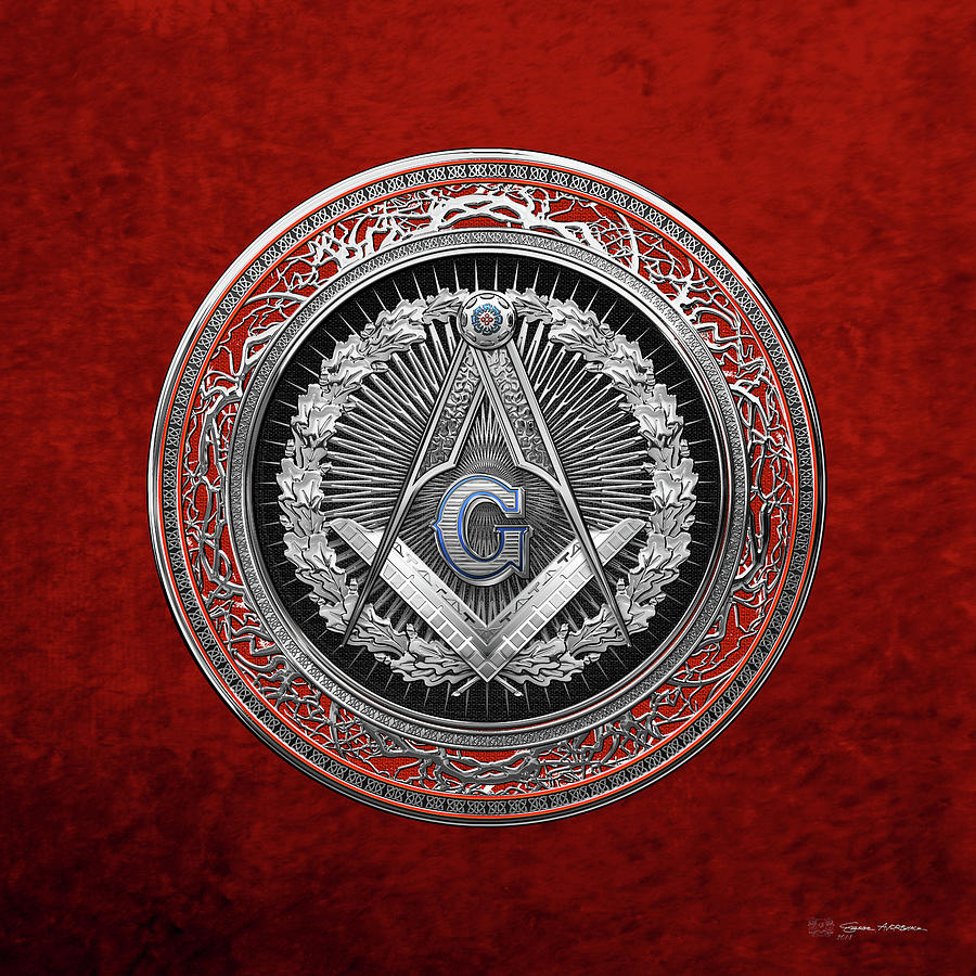 3rd Degree Mason Silver Jewel - Master Mason Square and Compasses over Red Velvet Digital Art by Serge Averbukh