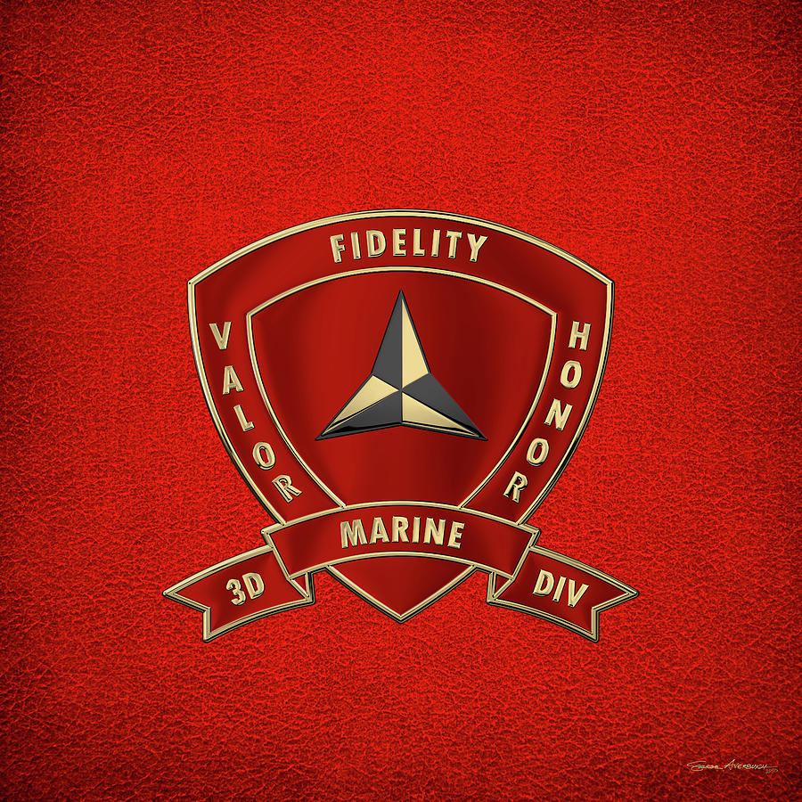 Military Digital Art - 3rd Marine Division -  3rd M A R D I V  Insignia over Red Leather by Serge Averbukh