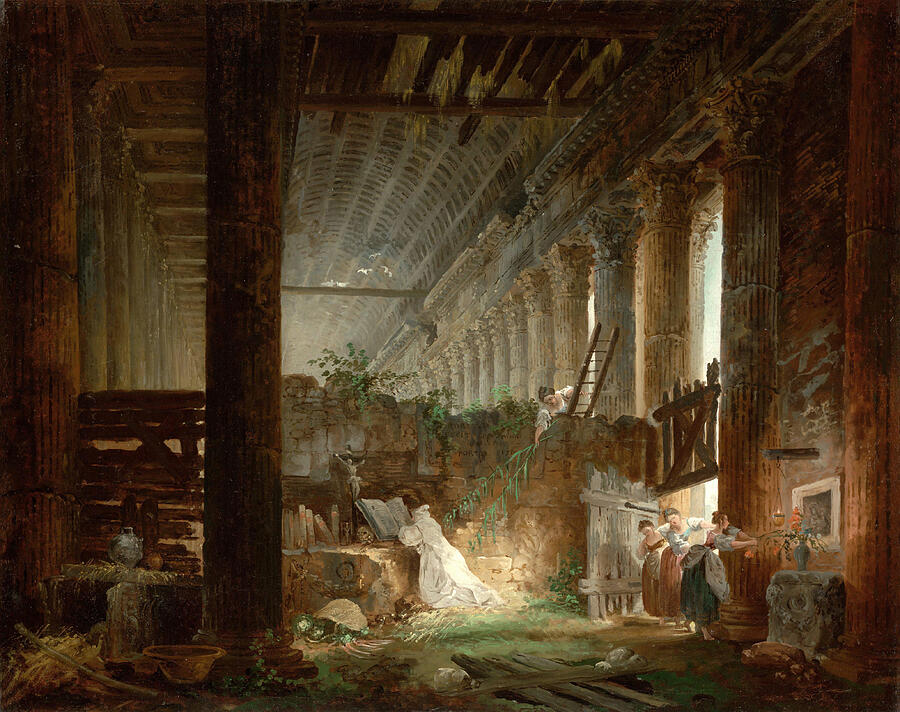 A Hermit Praying in the Ruins of a Roman Temple Painting by Hubert Robert