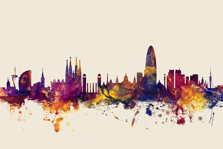 Barcelona Digital Art - Barcelona Spain Skyline #4 by Michael Tompsett