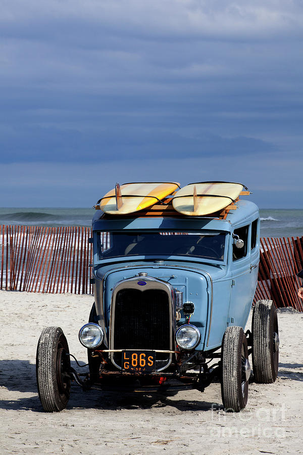Blue Ford  roadster race car on the beach #4 Photograph by Anthony Totah