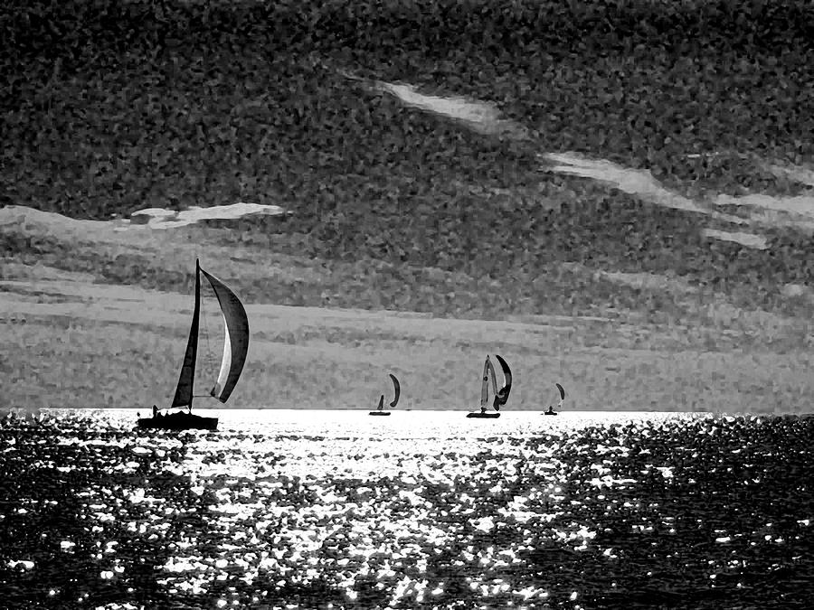 4 Boats on the Horizon BW Photograph by Michael Thomas
