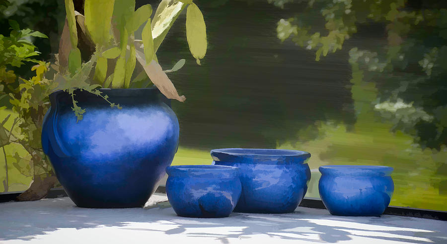 4 ceramic Blue Pots - water color effect Photograph by Greg Jackson