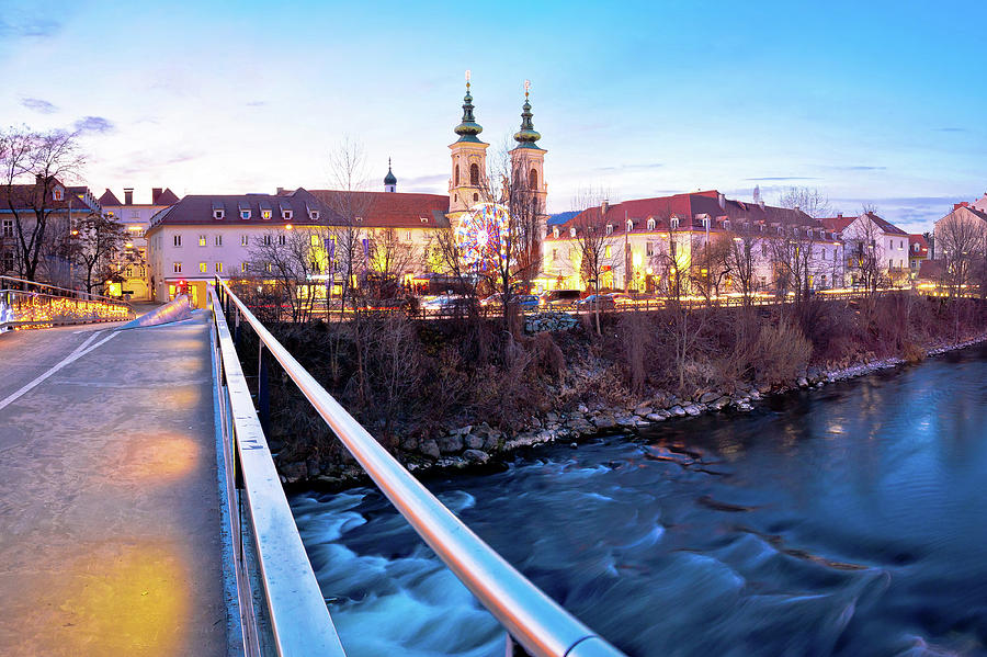 City of Graz Mur river and island evening view #4 Photograph by Brch Photography
