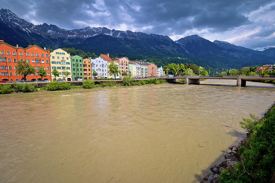 City of Innsbruck colorful Inn river waterfront panorama #4 Photograph by Brch Photography