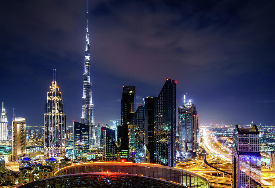 Dubai downtown skyline at night Photograph by Alexey Stiop