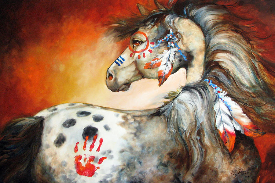 Horse Painting - 4 Feathers Indian War Pony by Marcia Baldwin