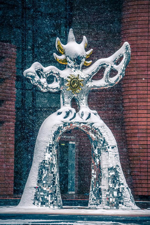 Firebird Statue Made Of Glass During Snow Storm In Upton Charlot #4 Photograph by Alex Grichenko