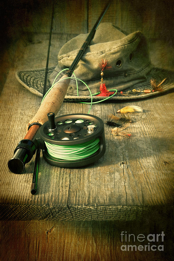 Fly fishing equipment with old hat on bench #4 Photograph by