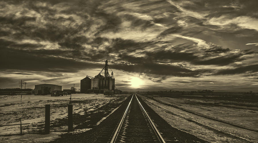 Grain Elevator And Rail Line At Sunset #4 Photograph by Mountain Dreams