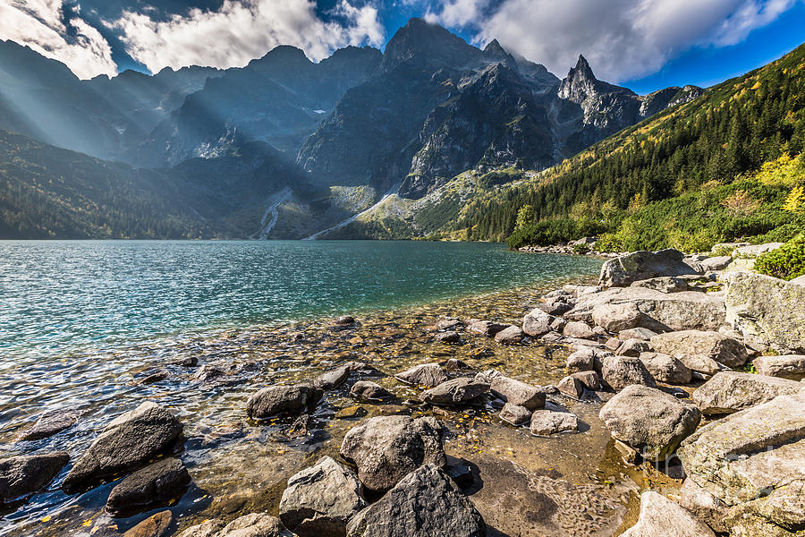 Green water mountain lake Morskie Oko, Tatra Mountains, Poland ...