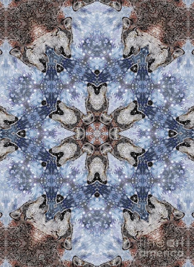 Wolves Mixed Media - Howling Gray Wolf Kaleidoscope #3 by J McCombie