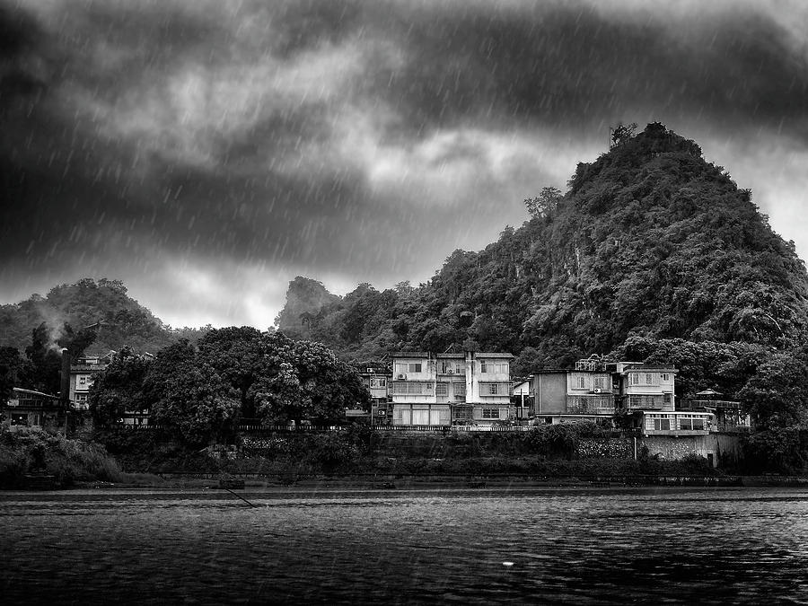 Lijiang River boat tour in the rain-ArtToPan-China Guilin scenery-Black and white photograph #4 Photograph by Artto Pan