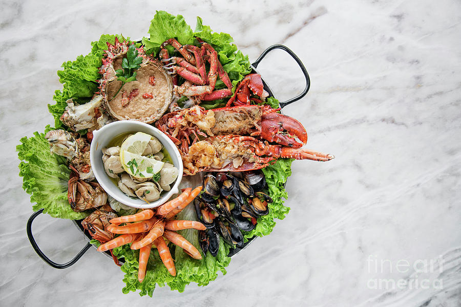 Mixed Fresh Seafood Selection Gourmet Set Platter Meal On Table Photograph