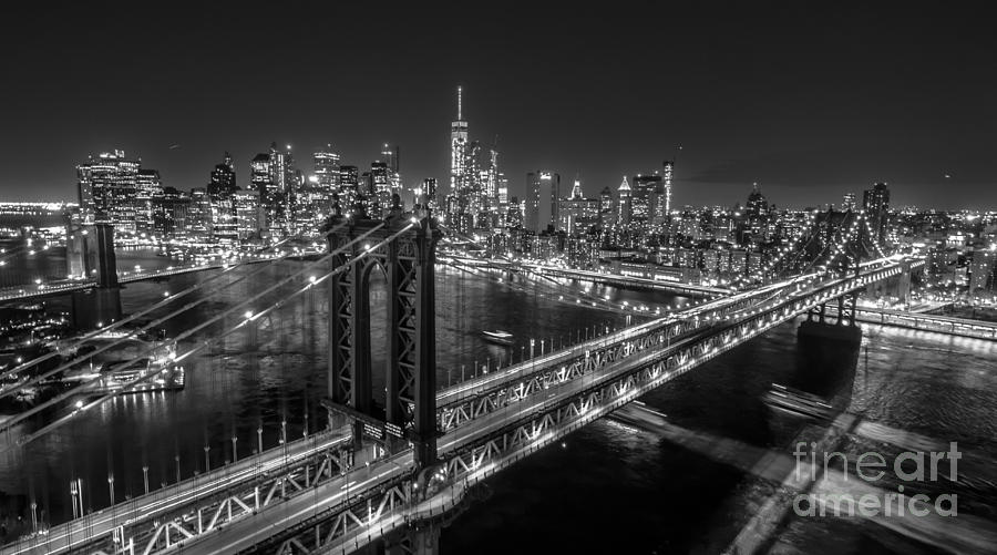 New York City, Manhattan Bridge at Night #1 Photograph by Mike Gearin