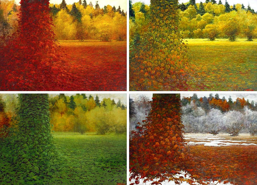 4 Paintings - One place - 4 seasons Painting by Tadeusz Gazda