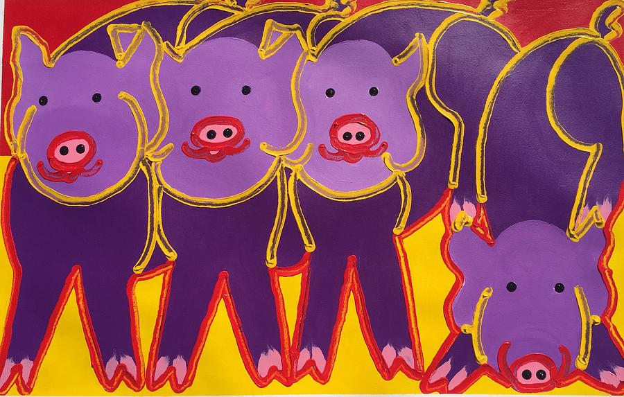 4 Purple Pigs Painting by Matthew Brzostoski