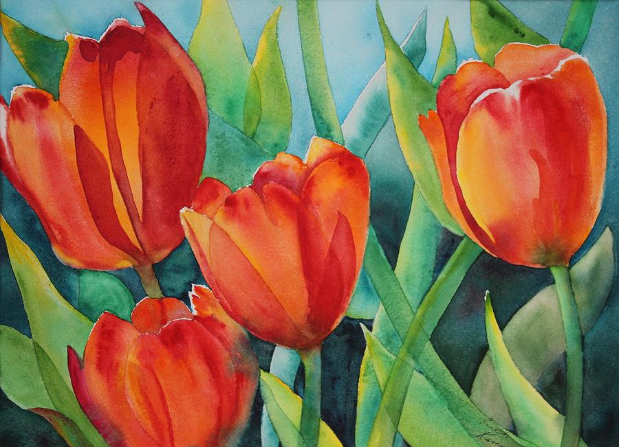 4 Red Tulips Painting by Ruth Kamenev