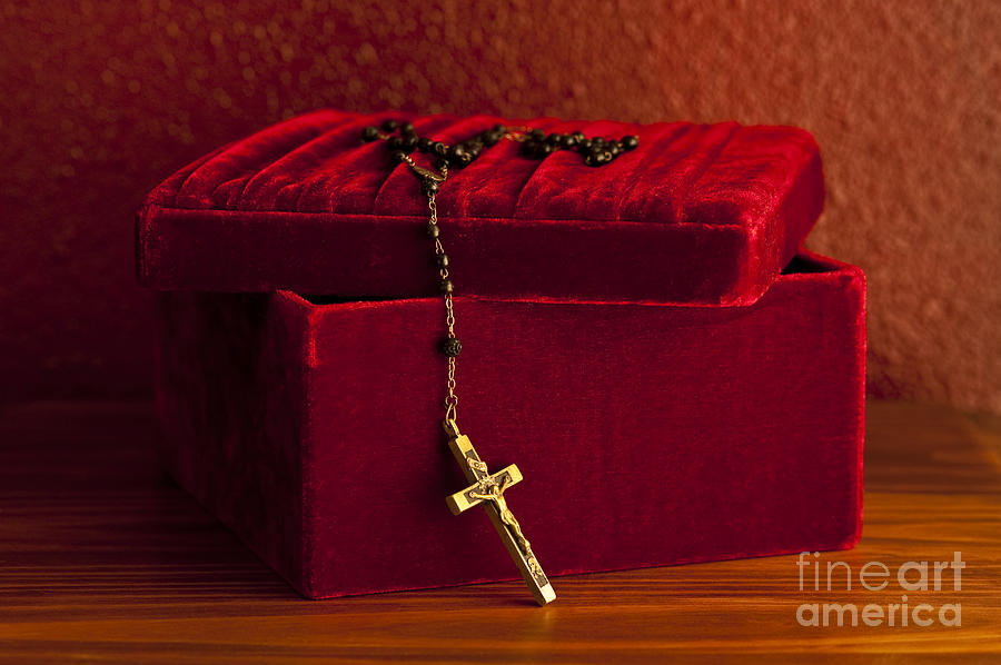 Red Velvet Box With Cross And Rosary #4 Photograph by Jim Corwin