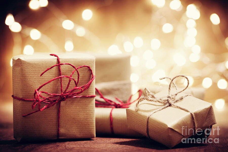 Christmas Photograph - Rustic retro gifts, present boxes on glitter background. Christmas time #4 by Michal Bednarek