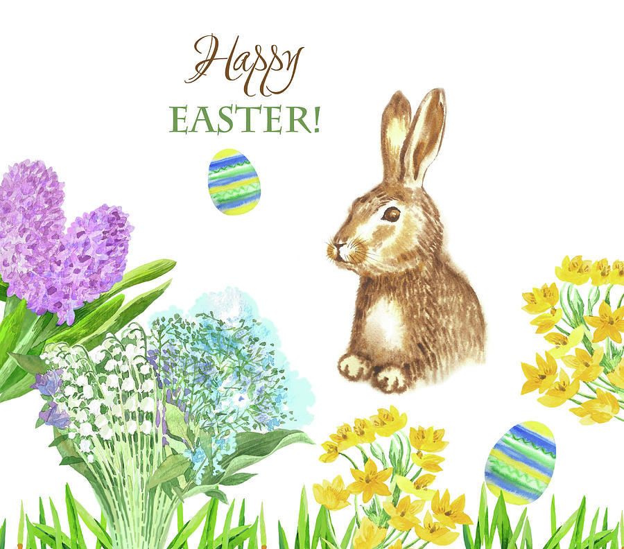 Easter Digital Art - Spring Rabbit and Flowers #4 by Natalia Piacheva