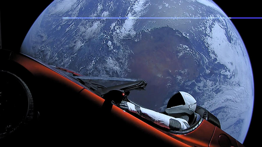 Starman In Tesla Roadster With Planet Earth traveling in the Space #4 Painting by Celestial Images