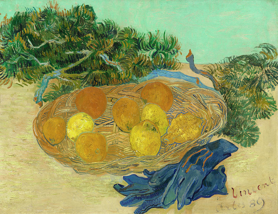 Still Life Of Oranges And Lemons With Blue Gloves Painting