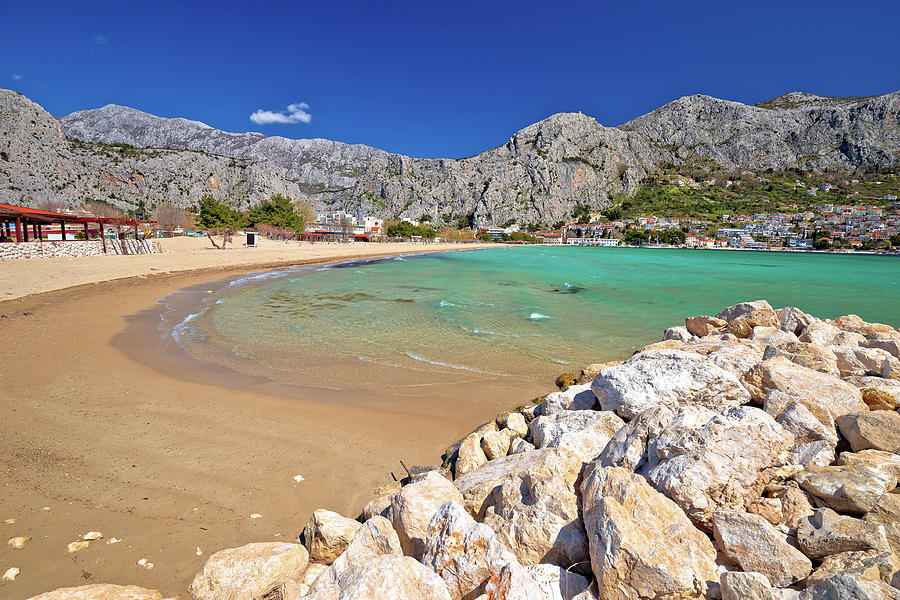 Town of Omis sand beach and Biokovo mountain coastline view #4 Photograph by Brch Photography