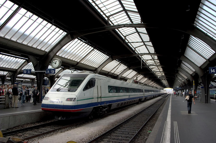 Clock Photograph - Train at Zurich train station #4 by Carl Purcell