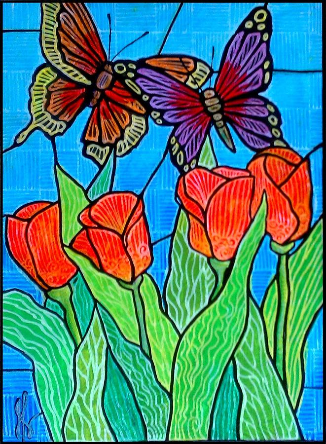 4 Tulips and 2 Butterflies Painting by Jim Harris