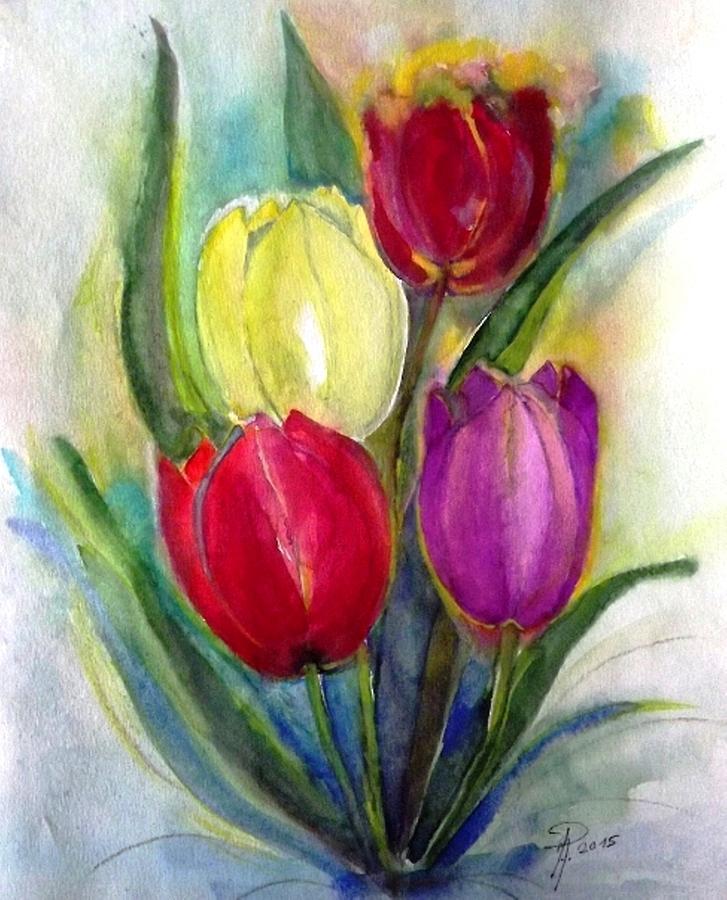 4 tulips - Plain Vintage Painting by Hedwig Pen