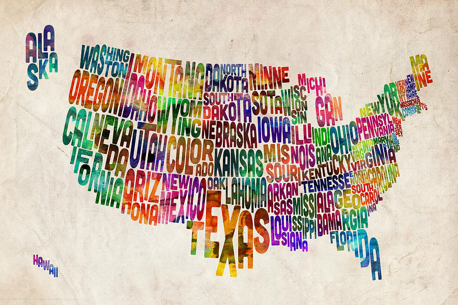 United States Text Map #4 Digital Art by Michael Tompsett