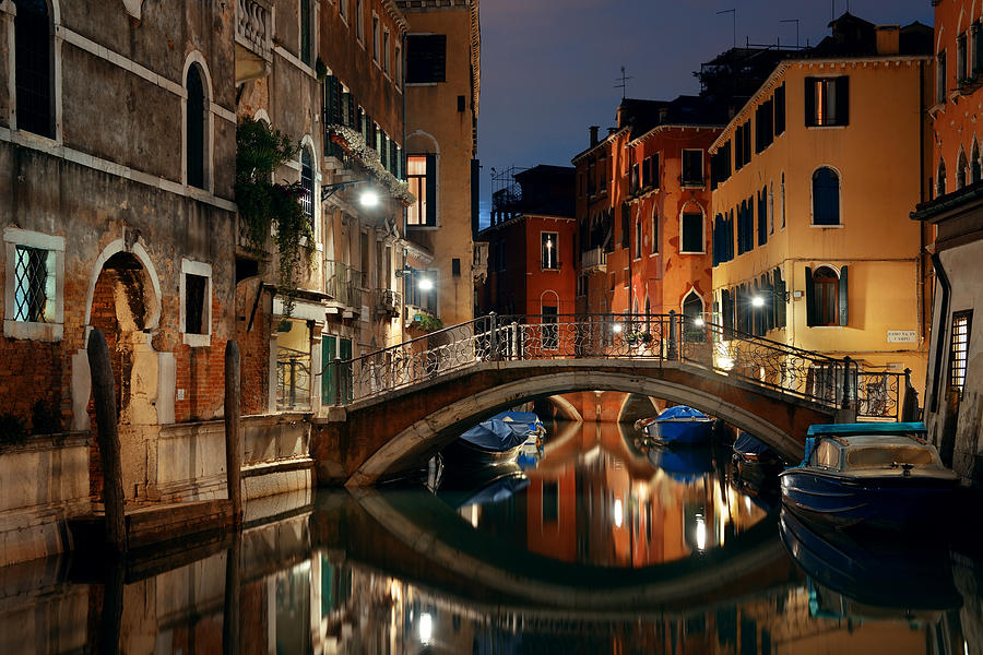 Venice canal night bridge #4 Photograph by Songquan Deng