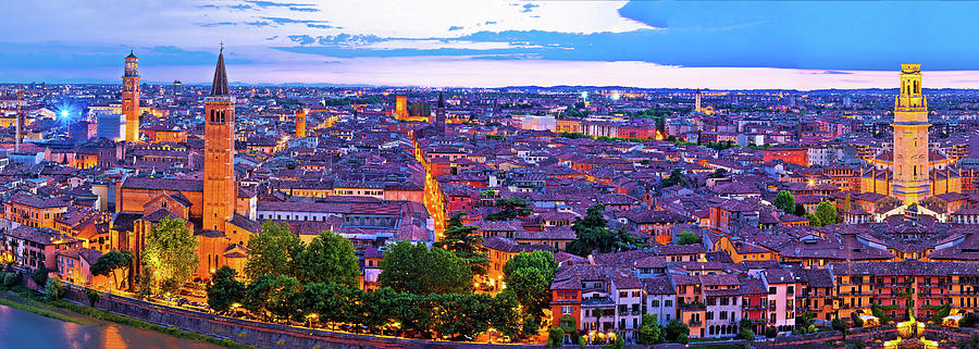 Verona old city and Adige river panoramic aerial view at evening #4 Photograph by Brch Photography