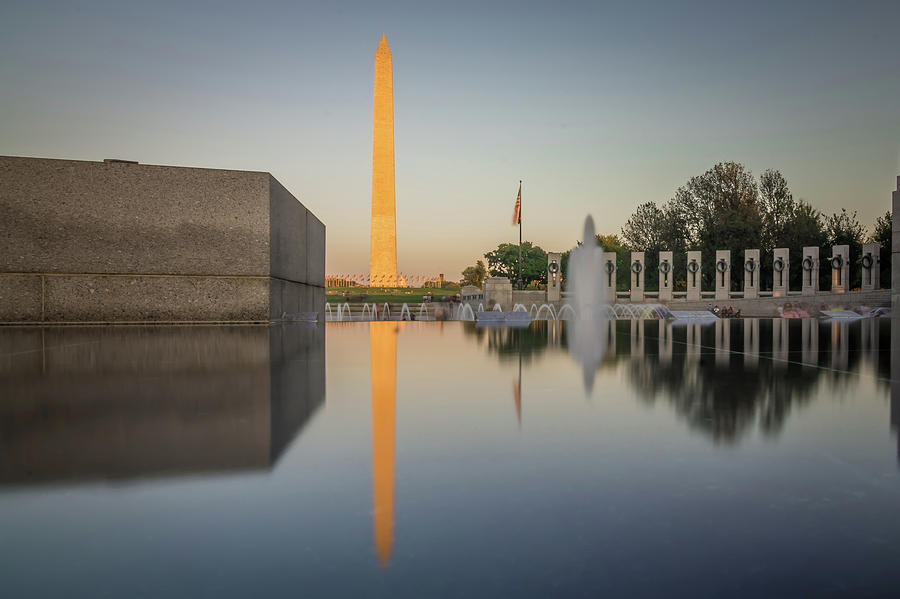Washington Memorial Tower Reflecting In Reflective Pool At Sunse #4 Photograph by Alex Grichenko