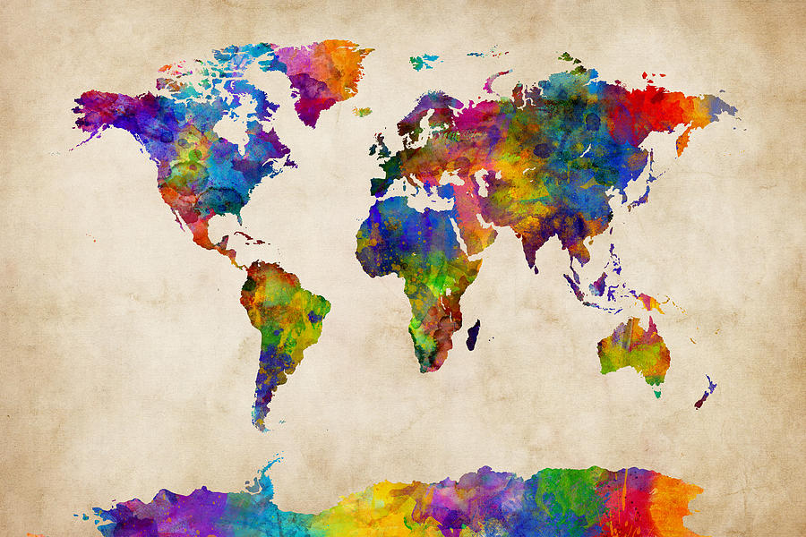 Watercolor Map of the World Map #4 Digital Art by Michael Tompsett