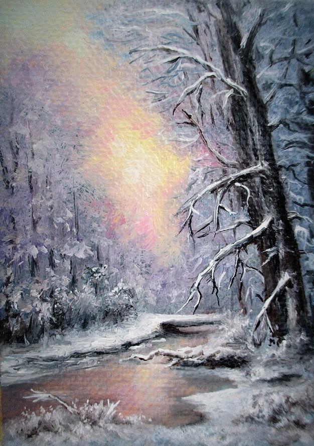 Sunset Painting - Winter aceo original painting  #4 by Natalja Picugina