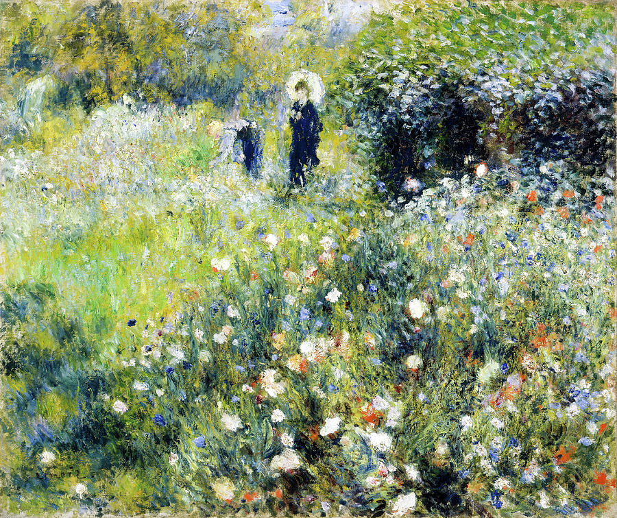 Flower Painting - Woman with a Parasol in a Garden #4 by Pierre-Auguste Renoir