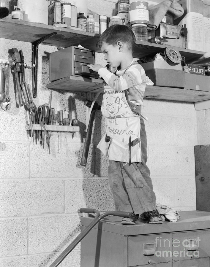 4 Year Old Boy In Tool Shed, C.1950s Photograph by H. Armstrong Roberts/ClassicStock