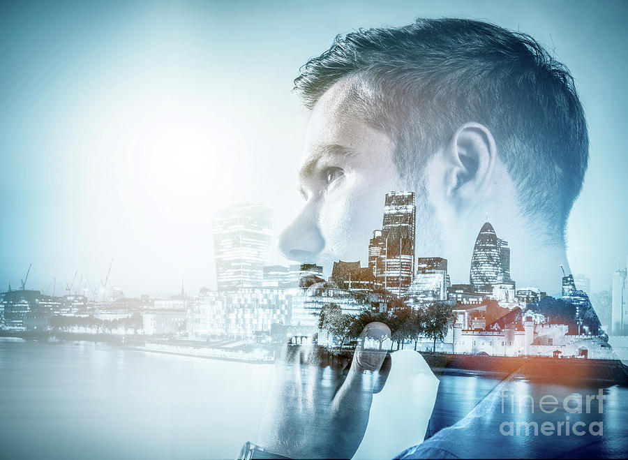 Young businessman thinking. Double exposure city background. #4 Photograph by Michal Bednarek