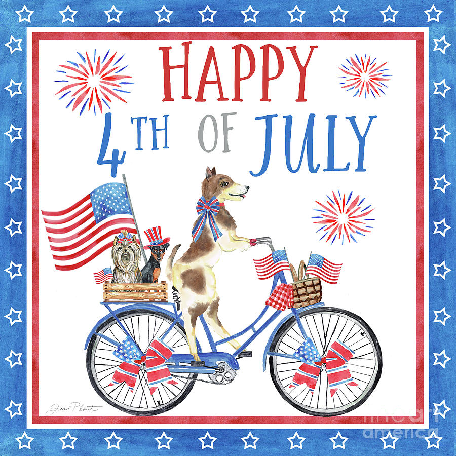 4th of July Dogs on Bike 2 Painting by Jean Plout