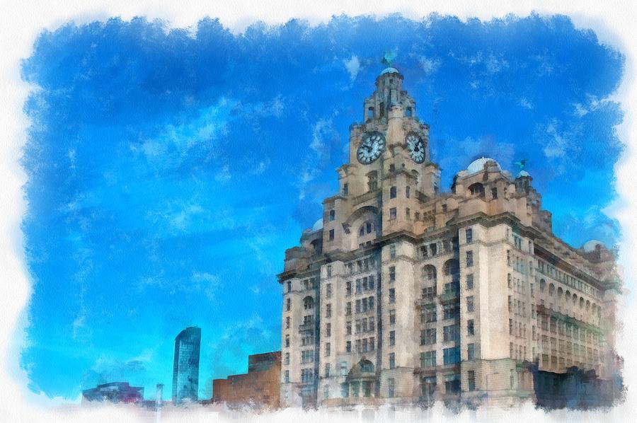 A digitally constructed painting of The Liver Buildings on Liverpool
