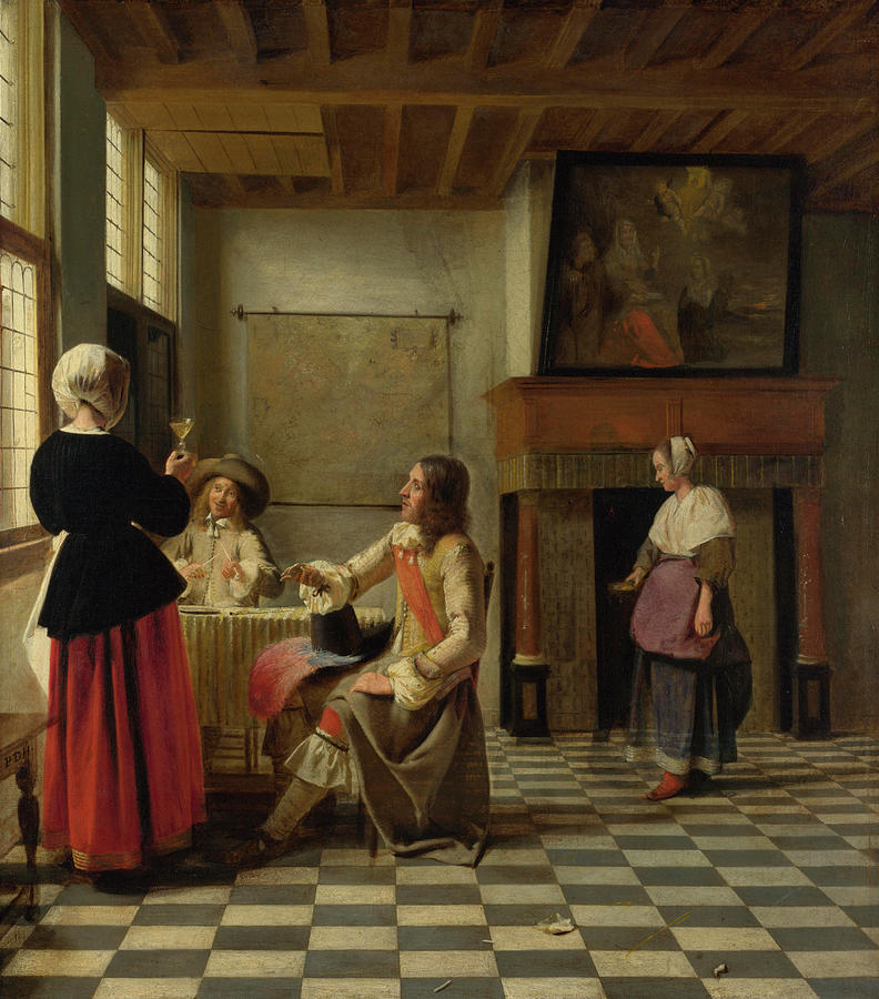 Pieter De Hooch Painting - A Woman Drinking with Two Men #5 by Pieter de Hooch