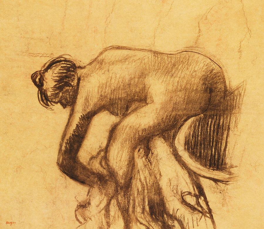 Edgar Degas Drawing - After the Bath, Woman drying herself by Edgar Degas