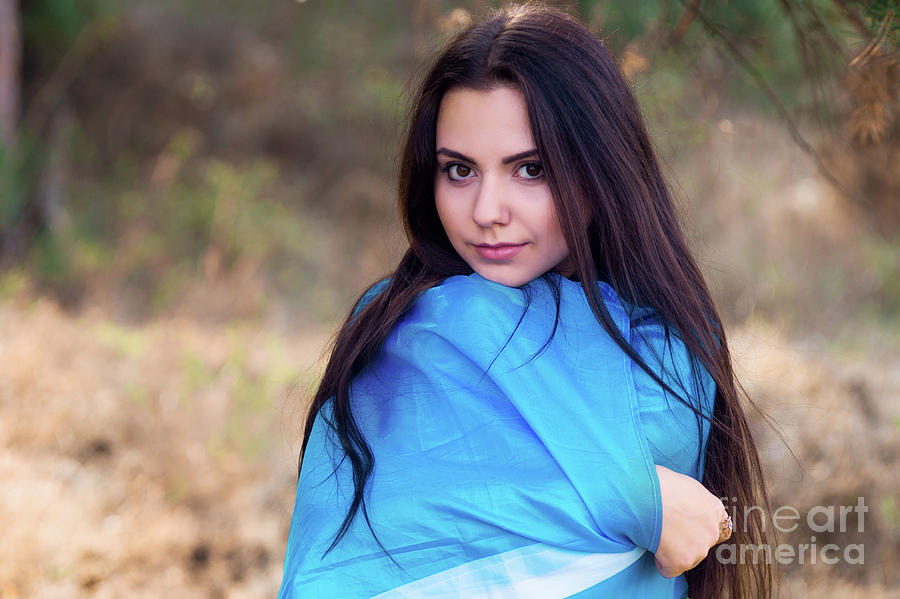 Beautiful Brunette Model Posing In A Park With Flag Of Ukraine Photograph By Oleksandr Masnyi