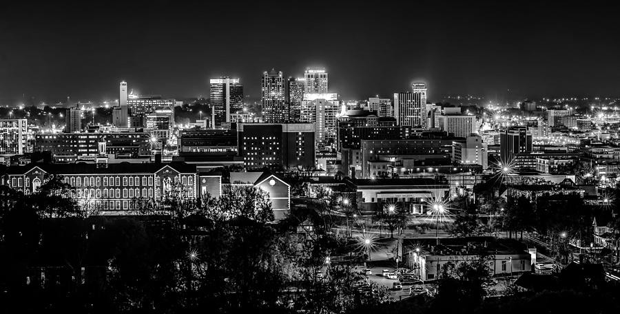 Black And White Photograph - Birmingham Alabama Evening Skyline #5 by Alex Grichenko