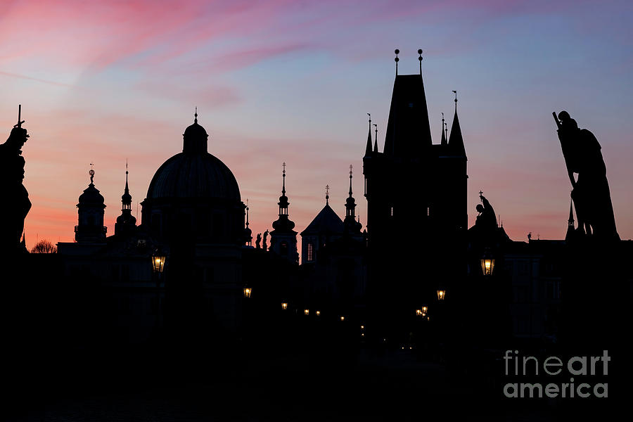 Charles Bridge at sunrise, Prague, Czech Republic. Dramatic statues and medieval towers. #5 Photograph by Michal Bednarek