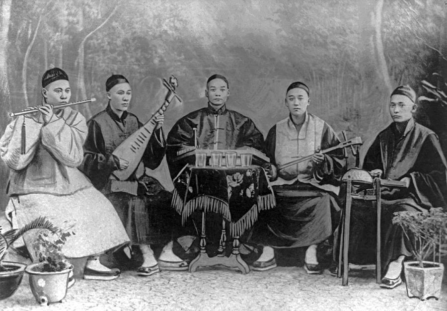 5 Chinese musicians playing flute, 2-stringed fiddle, 3-stringed psaltery, drums, and small bells Painting by Celestial Images